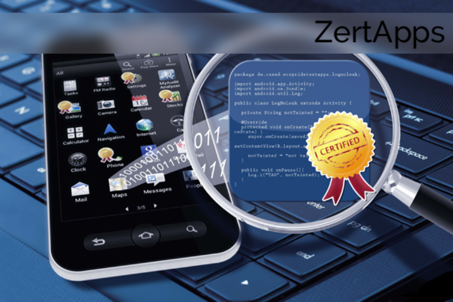 Smartphone-Apps und Quellcode unter Lupe mit Zertifikatssiegel. Bild hat den Titel 'ZertApps'.